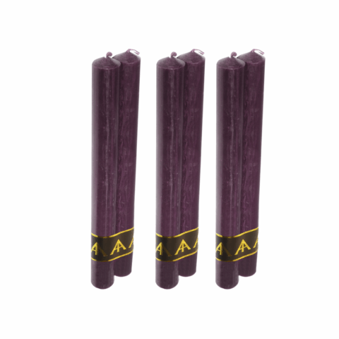 Three sets of purple dinner candles, each bound by a black and gold ribbon. The appearance is neat and orderly, conveying elegance.