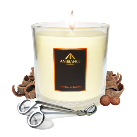 Deluxe sized Sandalwood candle with wick trimmer by master candlemakers Ancienne Ambiance London