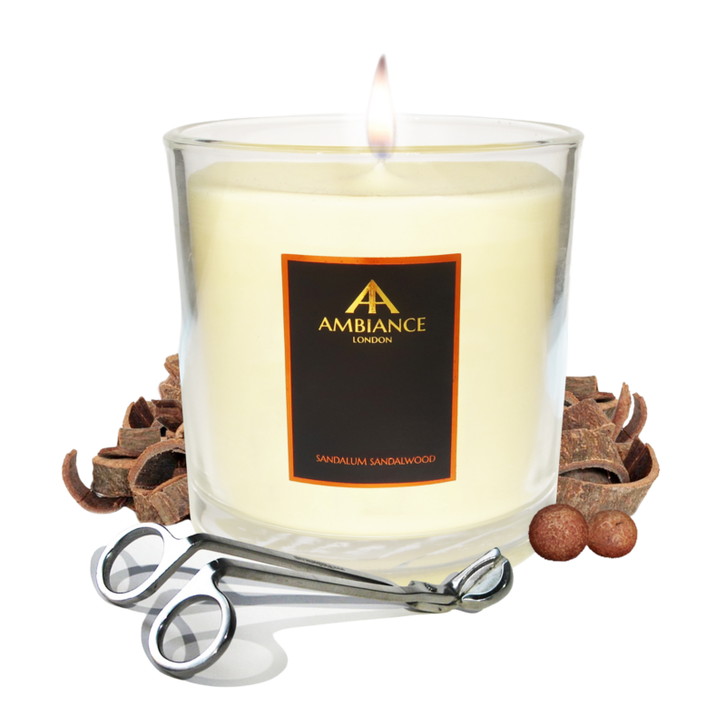 Deluxe sized Sandalwood candle with wick trimmer by master candlemakers Ancienne Ambiance London