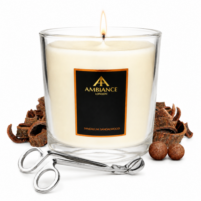 Lit sandalwood-scented candle in a glass jar labeled "Ancienne Ambiance London Sandalum Sandalwood," surrounded by sandalwood pieces and a silver wick trimmer. Cosy and aromatic.