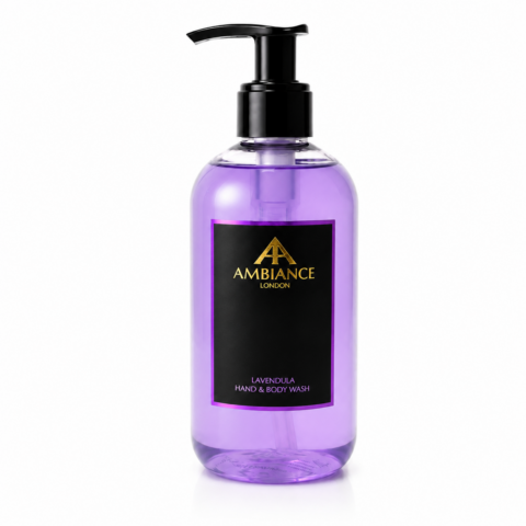Clear pump bottle with a black label containing purple Lavendula hand and body wash. Brand name "Ancienne Ambiance London" in gold text. Elegant and soothing.