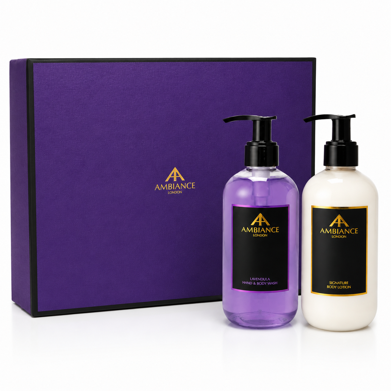 Purple and black luxury gift boxed set featuring Ancienne Ambiance London products: a lavender hand and body wash and a signature body lotion, exuding elegance.