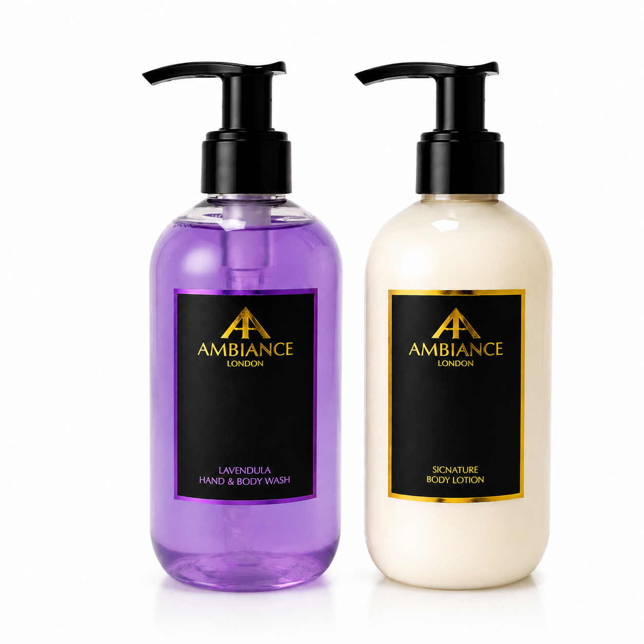 Two pump bottles from Ancienne Ambiance London, one purple labeled "Lavendula Hand & Body Wash" and the other cream labeled "Signature Body Lotion," on a white background.