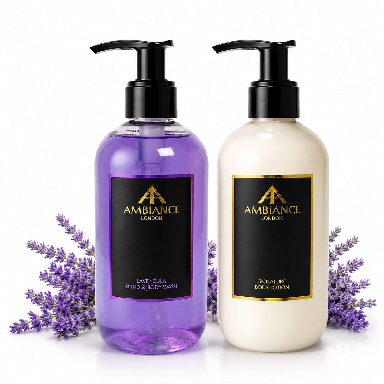 Two Ancienne Ambiance London bottles: one with purple lavender hand and body wash, the other with cream body lotion. Lavender sprigs surround them, evoking calm and luxury.