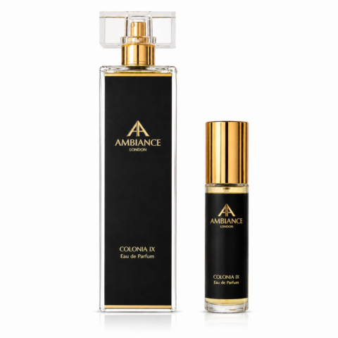 Two elegant perfume bottles stand against a white background. The larger bottle has a sleek black and gold design, with "Ancienne Ambiance London" and "Colonia IX Eau de Parfum" in gold lettering. The smaller bottle mirrors the same luxurious black and gold aesthetic, exuding sophistication and high-end fragrance appeal.