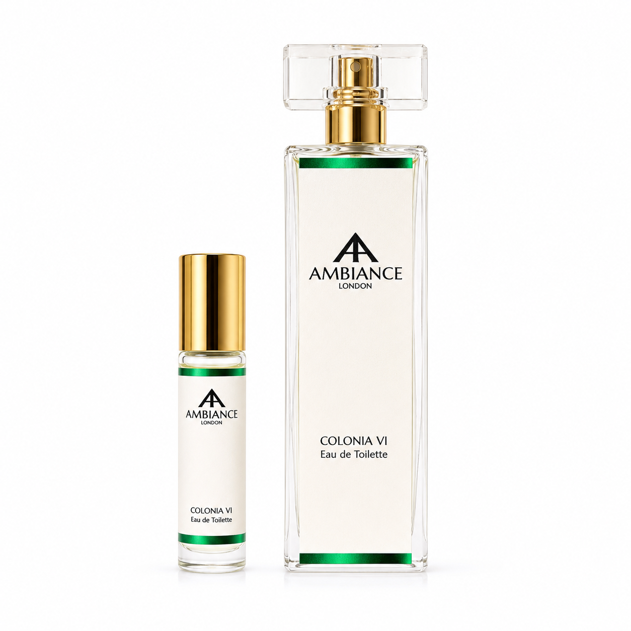 Two Ancienne Ambiance London perfume bottles are displayed against a white background. The larger bottle has a sleek, rectangular shape with a gold cap, while the smaller one is cylindrical, also with a gold cap. Both feature a minimalist design with green accents, conveying elegance and luxury.