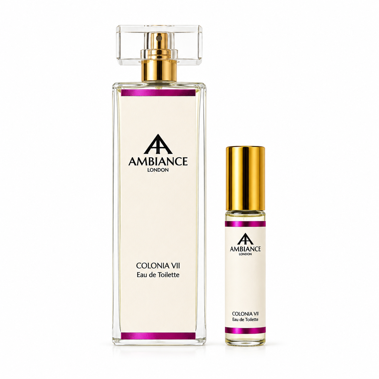 Two perfume bottles labeled "Ancienne Ambiance London Colonia VII Eau de Toilette" are shown. One is large with a clear rectangular cap, and the other is a small roller. Both have elegant gold and pink accents.