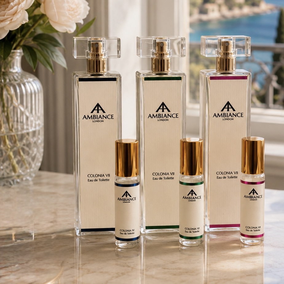 Perfume bottles with golden caps, labeled "Ancienne Ambiance London," on a marble table. A vase with roses and an ocean view from a window is in the background.