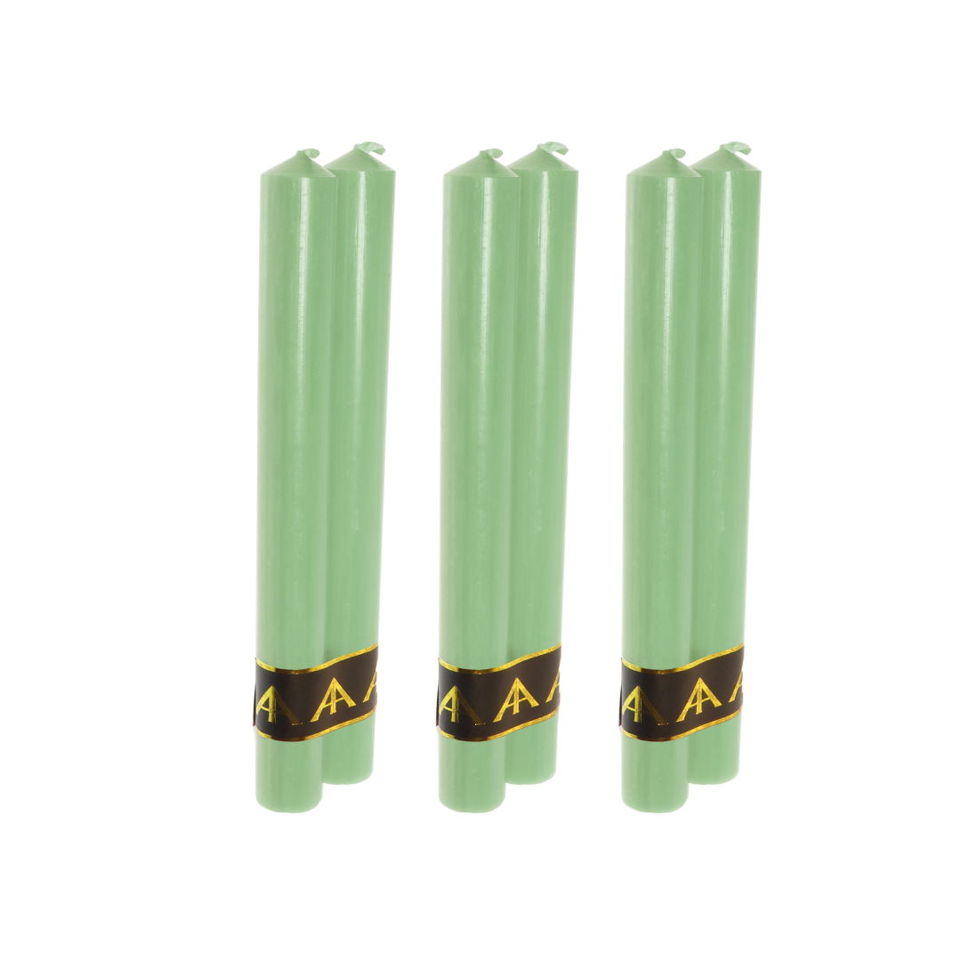 Three sets of mint green dinner candles, each bound by a black and gold ribbon. The appearance is neat and orderly, conveying elegance.