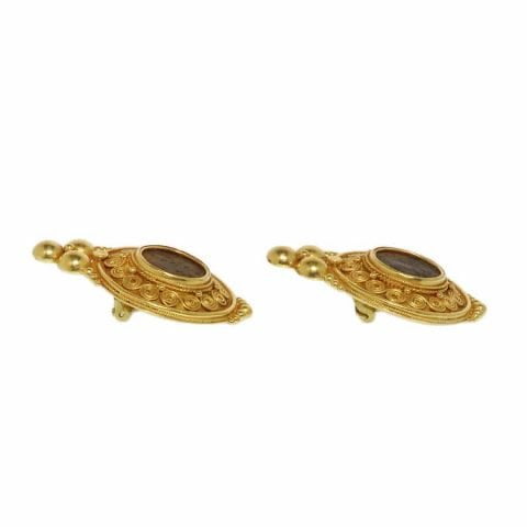 ancienne ambiance etruscan revival 21k gold earrings with roman coins