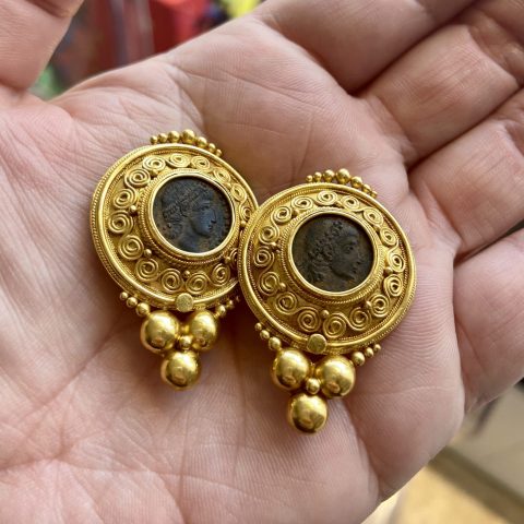 ancienne ambiance roman coin jewelry - coin earrings - 21k gold etruscan revival jewelry -