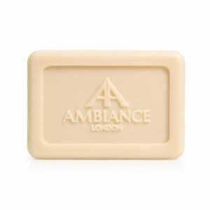 Beige rectangular Argan soap bar with embossed "Ancienne Ambiance London" logo. The clean, minimal design conveys a sense of luxury and elegance.