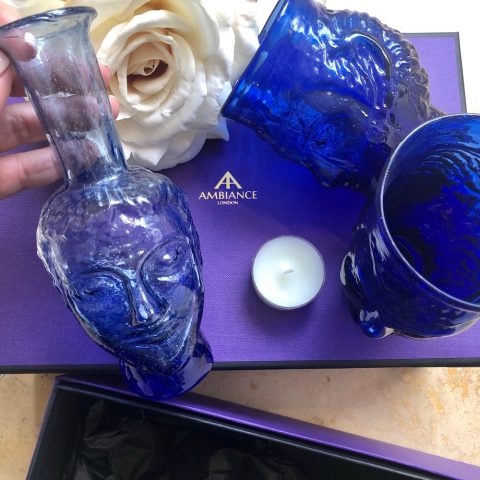 ancienne ambiance - La Soufflerie blue tete glass blue head vase gift set