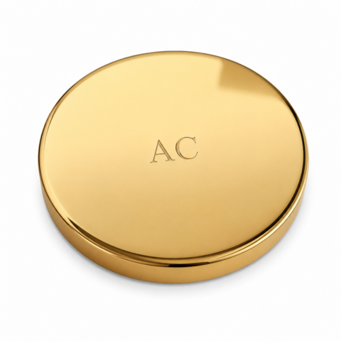 A sleek, round gold candle lid with engraved letters "AC" centred on the lid. The surface reflects light, conveying a sense of luxury and elegance.