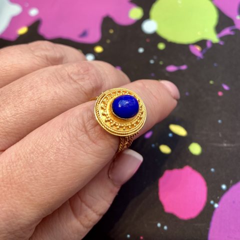Etruscan Revival Ring - ancienne ambiance london - heritage jewellery - 21K Gold Lapis Lazuli Ring