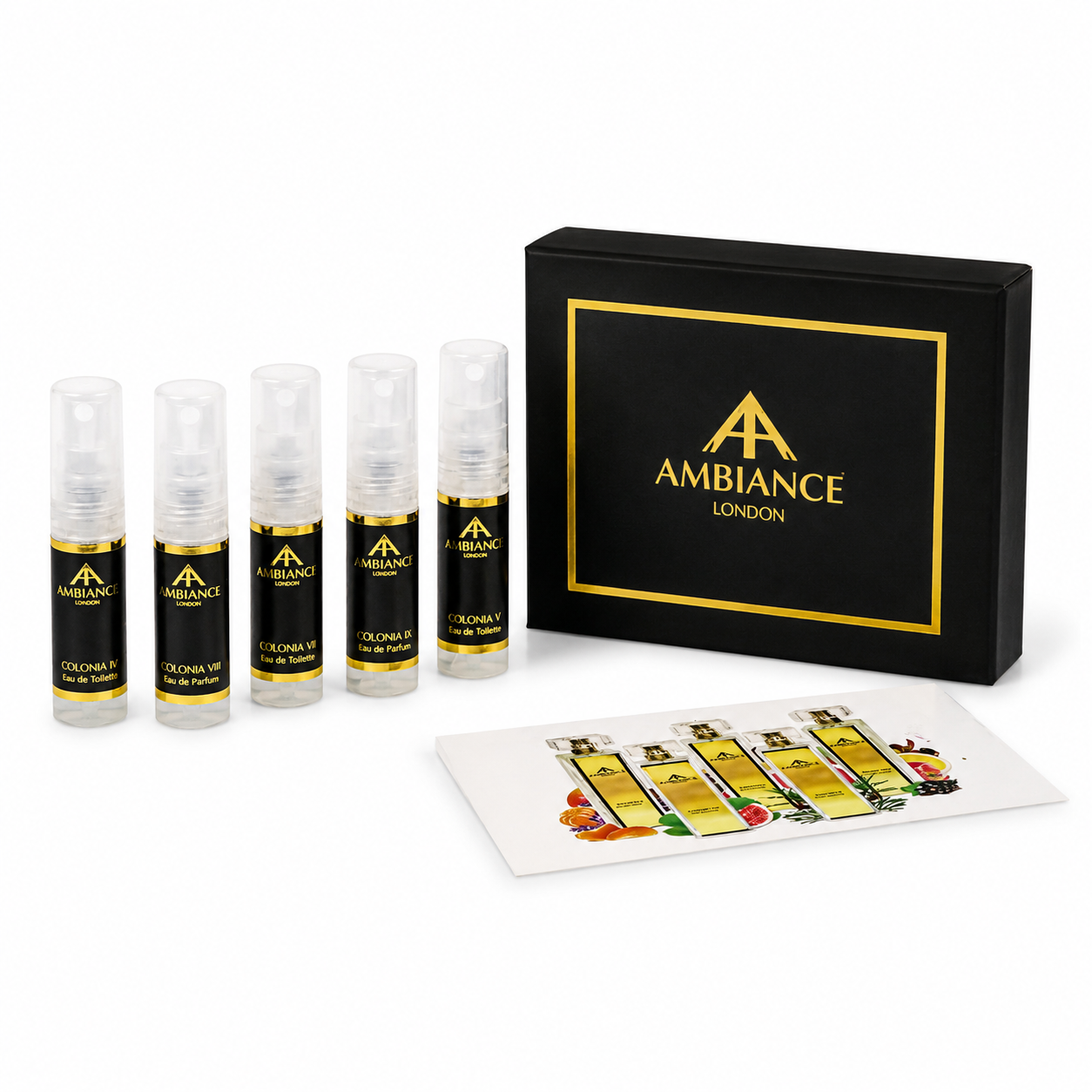 Five small sample Ancienne Ambiance London perfume spray bottles with black and yellow labels are arranged near a black box and a perfume card, set against a plain background.