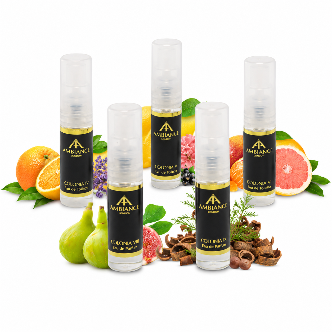 Five Ancienne Ambiance London perfume samples are displayed with vibrant fruits and flowers like oranges, figs and lavender, conveying freshness and luxury.
