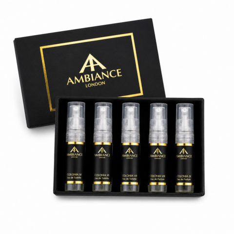 A black and gold Ambiance London box displaying five spray bottles of different colognes. The elegant design conveys luxury and sophistication.