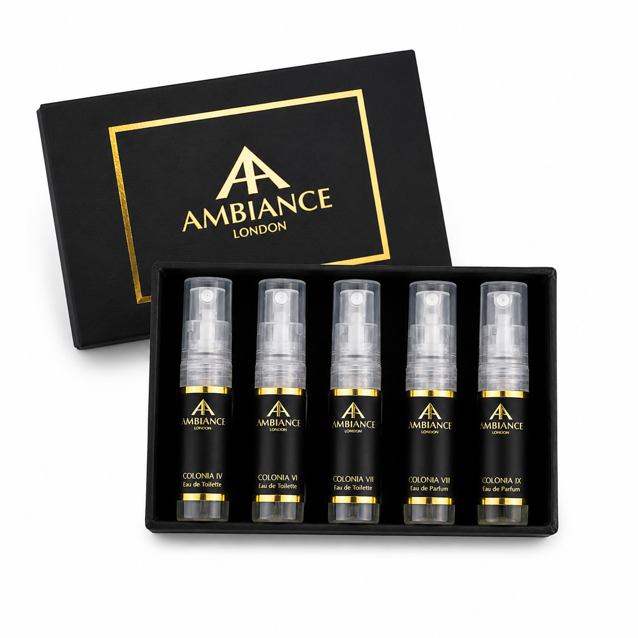 A black and gold Ambiance London box displaying five spray bottles of different colognes. The elegant design conveys luxury and sophistication.