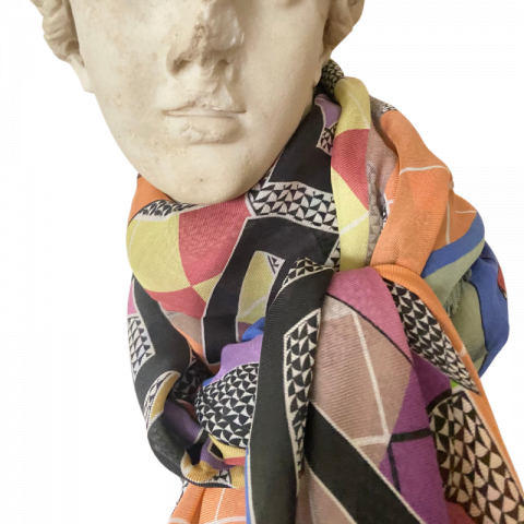 goddess statue - aphrodite orange print greek key modal cashmere scarf - ancienne ambiance luxury scarves