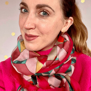 demeter red pattern cashmere blend scarf - ancienne ambiance luxury scarves - worn by beauty writer helen wilson beevers