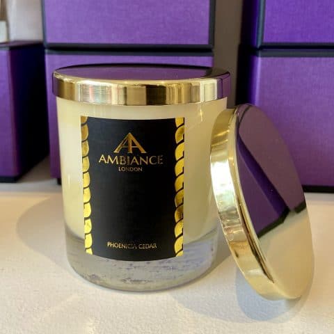 ancienne ambiance luxury scented candle with gold polished candle lid - ancienne ambiance luxury candle lid on candle