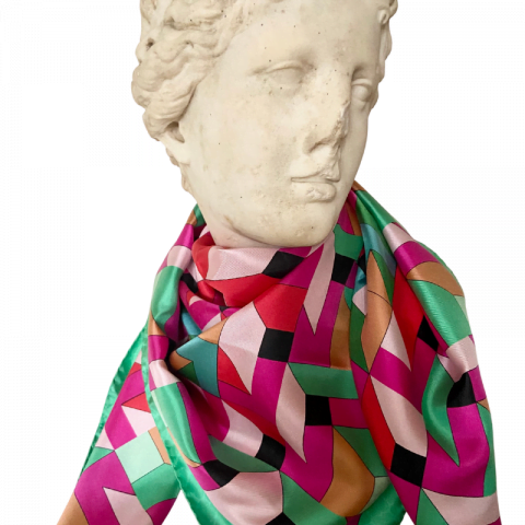 goddess statue silk scarf - ariadne pink red green silk scarf - ancienne ambiance