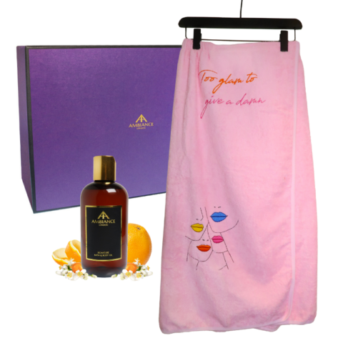 Pink too glam towel wrap dress and signature bath oil gift set