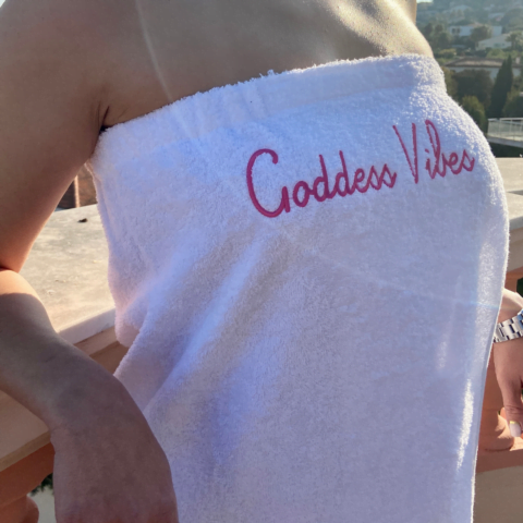 luxury towel wrap dress - goddess vibes pink embroidery
