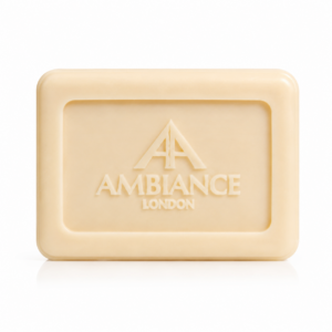 A rectangular beige orange blossom soap bar embossed with the "Ancienne Ambiance London" and a stylised "A" logo. The soap has rounded edges and a smooth texture.