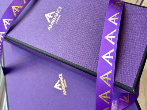 Iconic Ancienne Ambiance London purple gift boxes. Tied up with signature purple satin and gold foil logo ribbons.