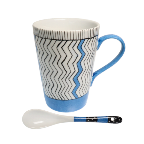 Hand-Painted Porcelain Mug Set | Monochrome Mug & Spoon - Blue