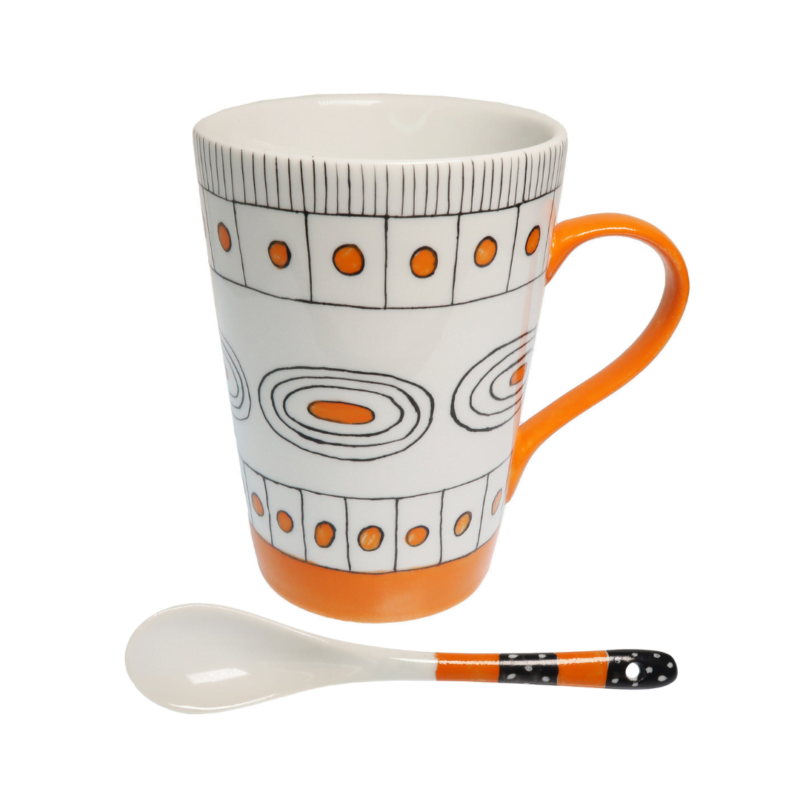 Hand-Painted Porcelain Mug Set | Orange Monochrome Mug and Spoon