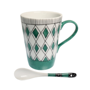 green diamond print mug and spoon set