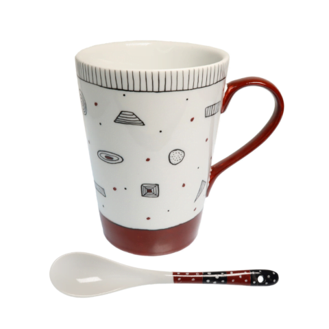 Monochrome Porcelain | Hand-Painted Porcelain Mug & Spoon - Red