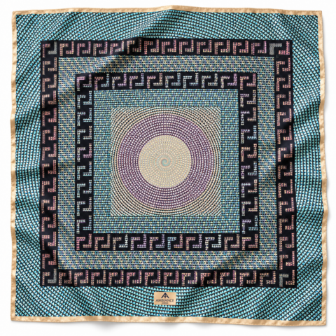 An elegant square silk scarf with intricate concentric circles and geometric patterns like a Roman mosaic. Dominant colours include teal, purple and black, creating a bold, artistic design.
