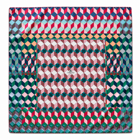 A vibrant, geometric pattern scarf with interlocking cubes in red, blue, green, and pink. It creates a bold, dynamic, and energetic visual effect.