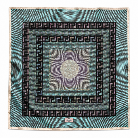 An elegant square silk scarf with intricate concentric circles and geometric patterns like a Roman mosaic. Dominant colours include teal, purple and black, creating a bold, artistic design.