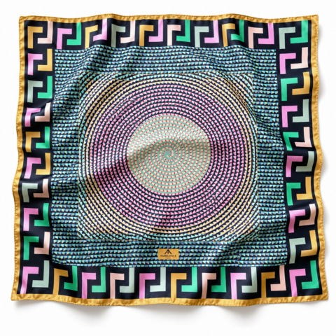 Square silk scarf with concentric circles and a geometric golden border in pastel colours. Central design spirals outward, creating a vibrant, dynamic effect.