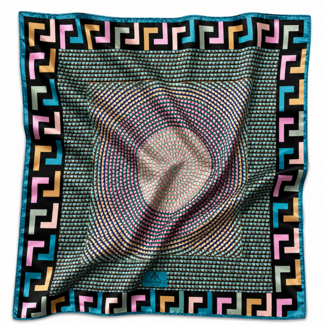 Colourful square silk scarf with geometric patterns. A central spiral in pink and beige contrasts with a bold blue border with Greek key design. Vibrant and dynamic.