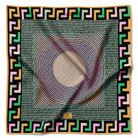 Square silk scarf with concentric circles and a geometric golden border in pastel colours. Central design spirals outward, creating a vibrant, dynamic effect.