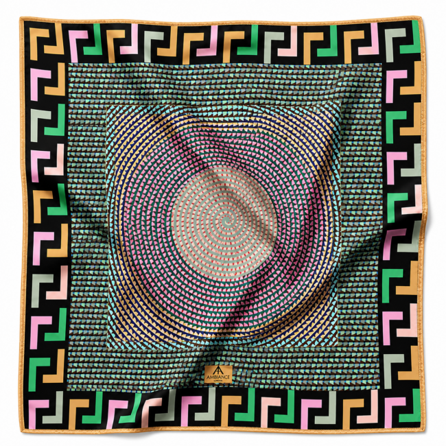 Square silk scarf with concentric circles and a geometric golden border in pastel colours. Central design spirals outward, creating a vibrant, dynamic effect.