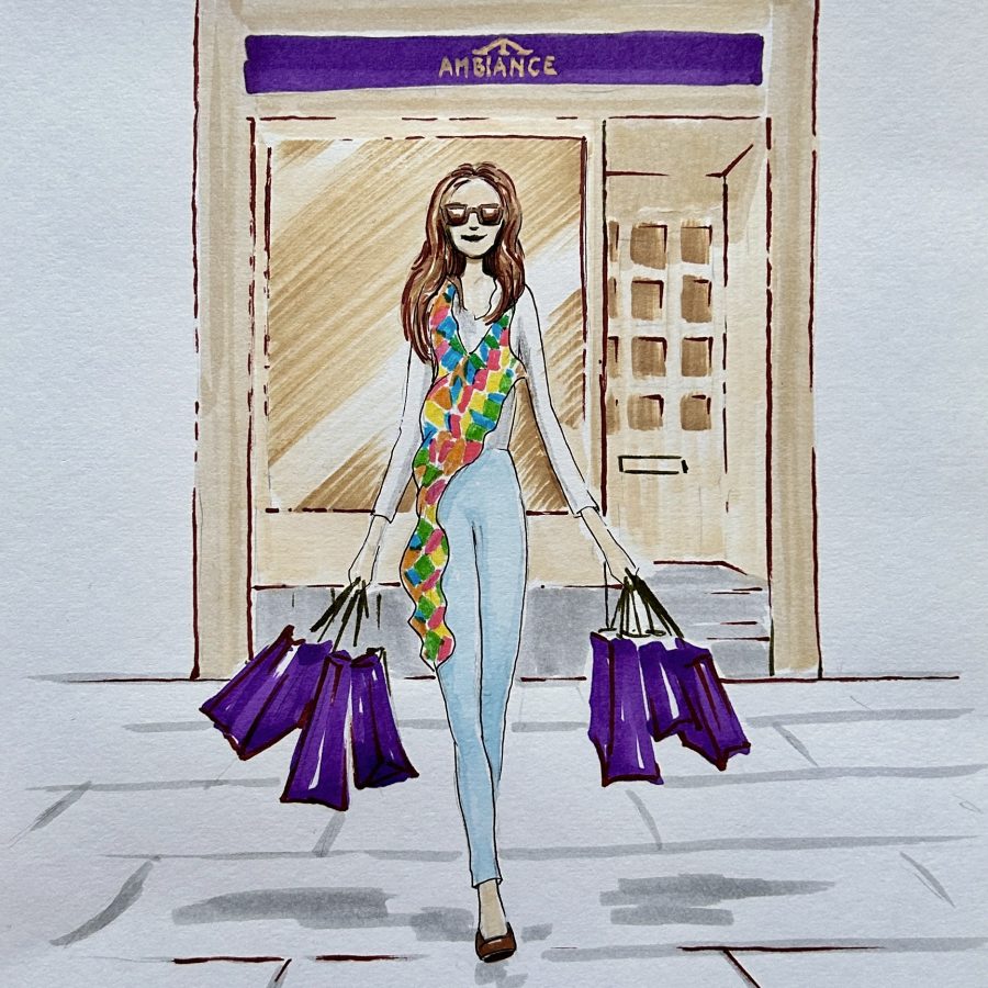 An illustration of a fashionable lady with sunglasses and long dark hair, leaving the Ambiance London boutique in Chelsea Green. She is dressed for Spring with an Ambiance luxury scarf and carrying Ambiance signature purple shopping bags.