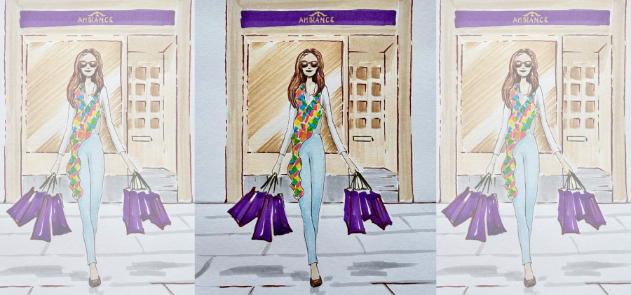 An illustration of a chic lady with sunglasses and long dark hair, leaving the Ambiance London boutique in Chelsea Green. She is dressed for Spring with an Ambiance luxury scarf and carrying Ambiance signature purple shopping bags.