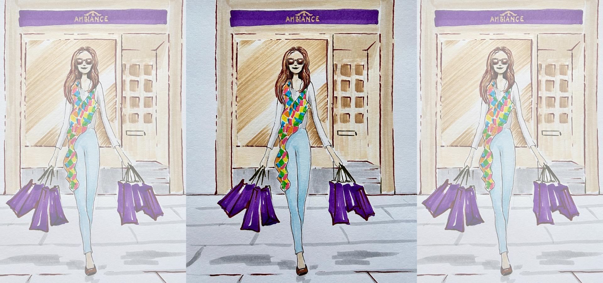 An illustration of a chic lady with sunglasses and long dark hair, leaving the Ambiance London boutique in Chelsea Green. She is dressed for Spring with an Ambiance luxury scarf and carrying Ambiance signature purple shopping bags.