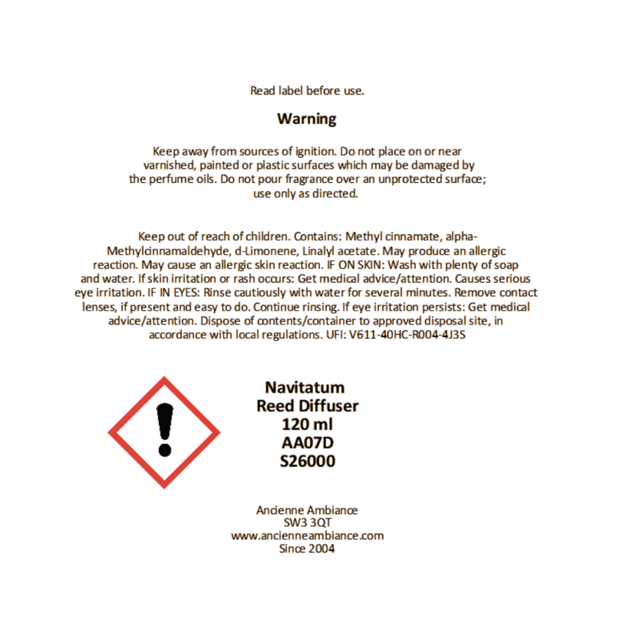 Navitatum Reed Diffuser 120ml CLP Safety Label showing candle safety warnings, hazard pictograms, allergen information and product details.