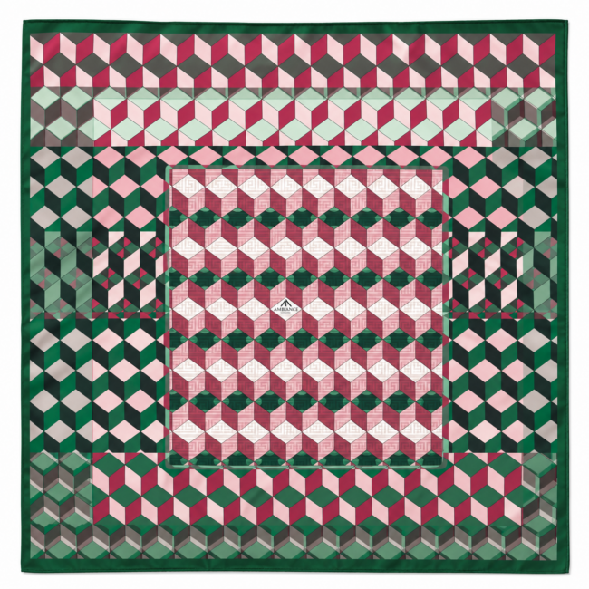 Geometric patterned square cotton silk scarf with 3D cube illusion in red, green, pink, and white tones. Central logo reads "Eminence." Symmetrical and vibrant.