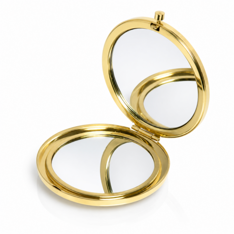 Gold compact mirror open, showing two round reflective surfaces. The luxurious gold frame gives an elegant, classic feel against a white background.