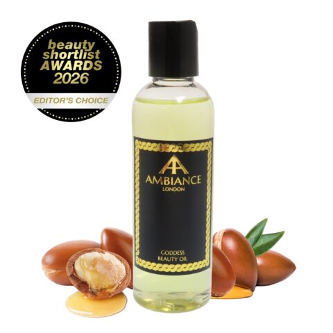 Ancienne Ambiance London Goddess Beauty Oil. Argan nuts surround the product, marked as Beauty Shortlist Awards 2026 Editor's Choice.