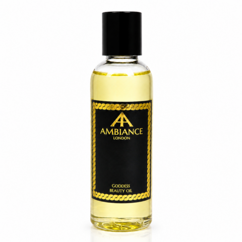 A clear bottle of Ancienne Ambiance London Goddess Beauty Oil with a black and gold label. The elegant design conveys a luxurious tone.